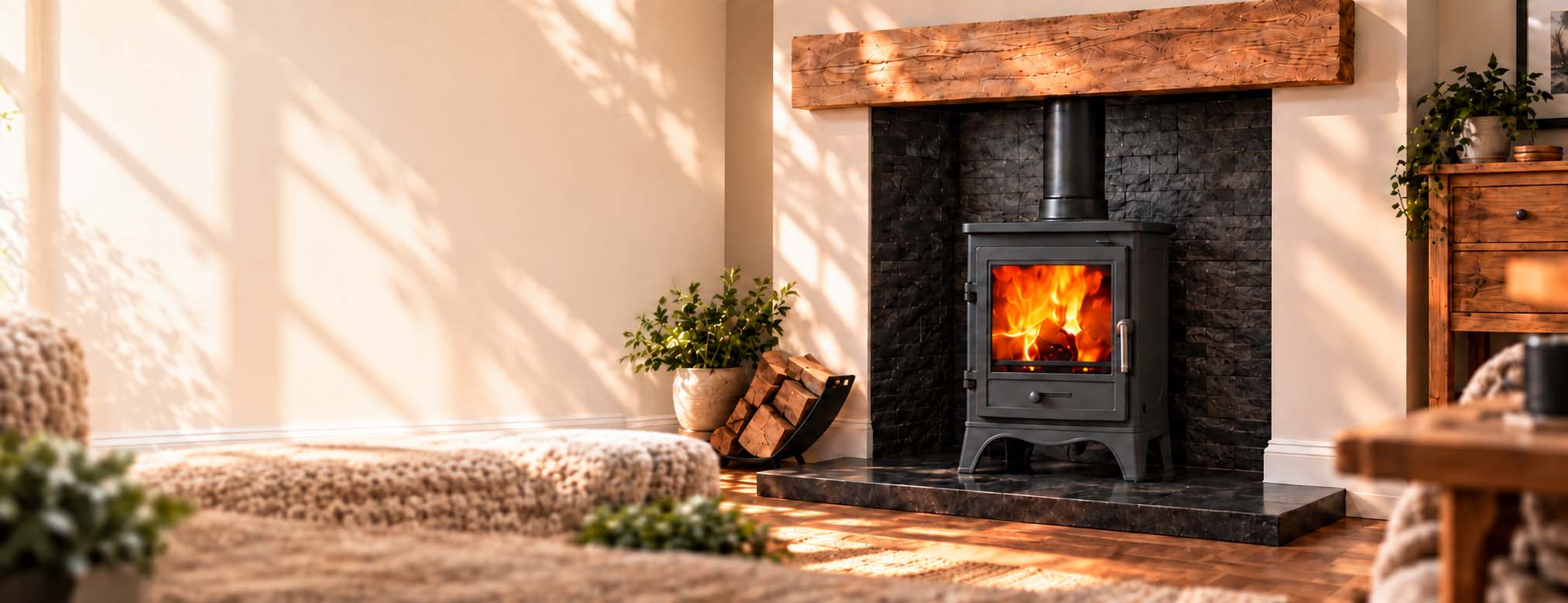 Bassington multi-fuel stove in a warm living room